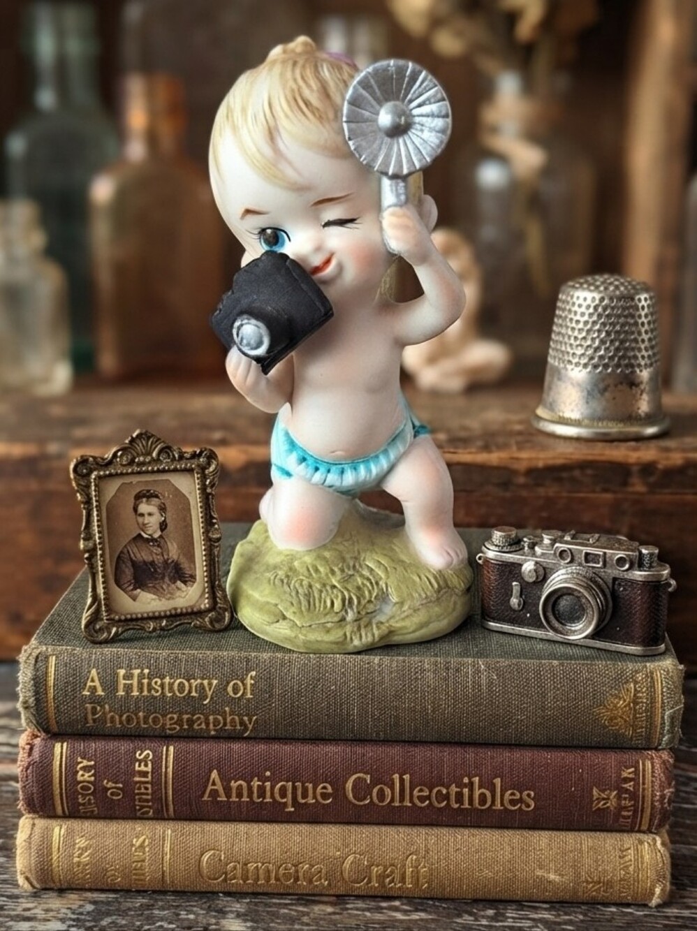 Vtg Lefton Ponytail Diaper Baby Girl Taking Pictures With Camera Figurine Japan
